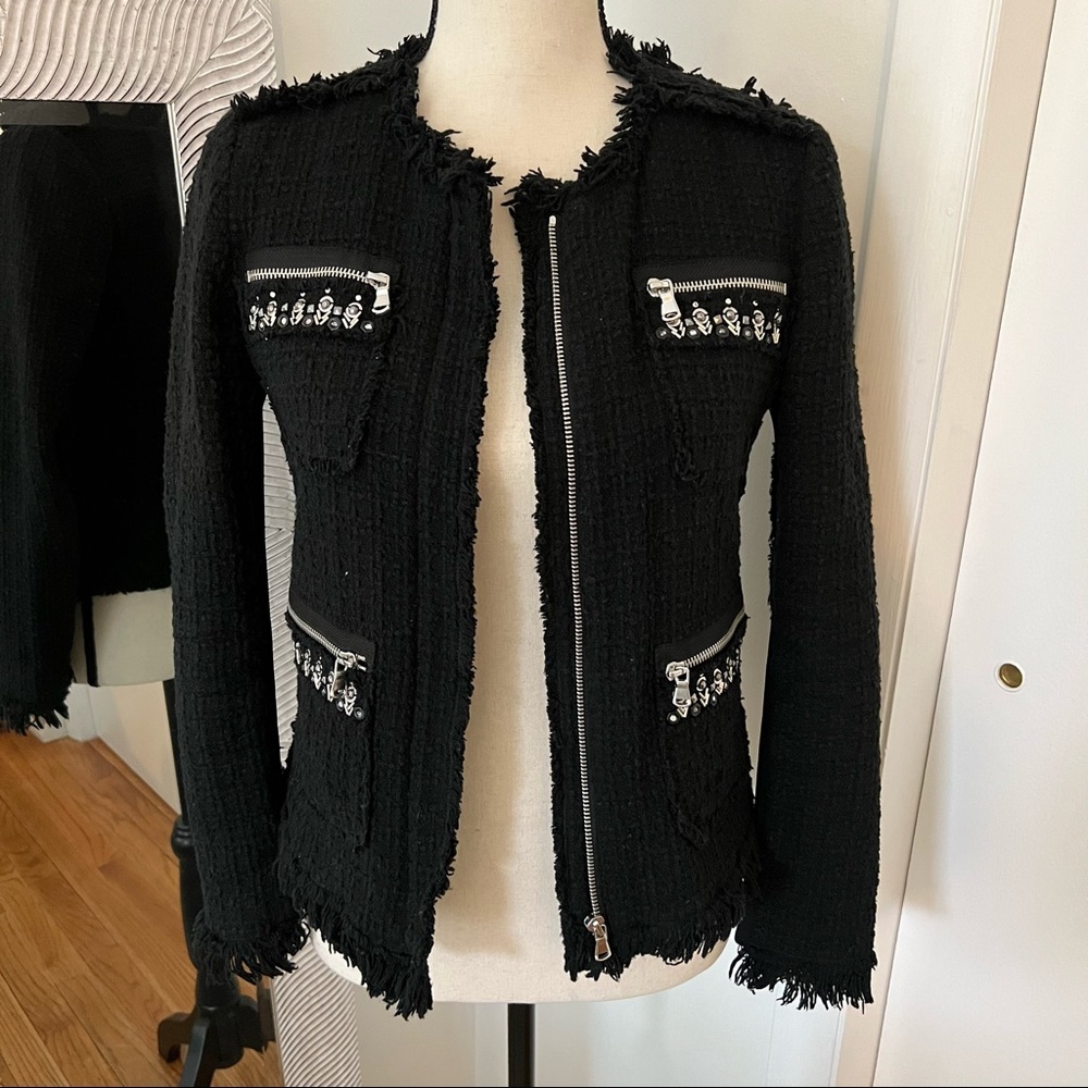 Rebecca Taylor Tweed Jacket with Rhinestone Embellishment & Silver Zipper